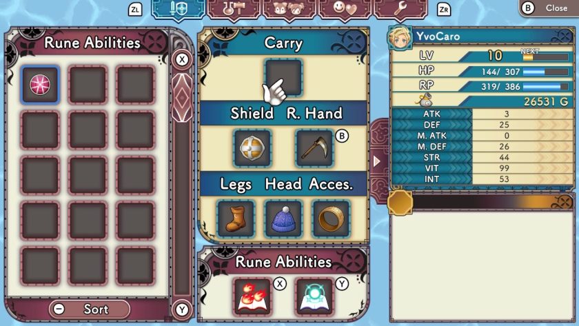 The inventory and statistics page of the game. To the right we see the protagonists stats, to the left the magic abilities