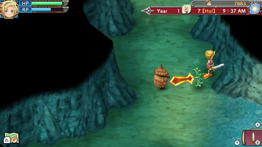 A scene in one of the dungeons. The Sword Magic Seed is attacking one of the monsters