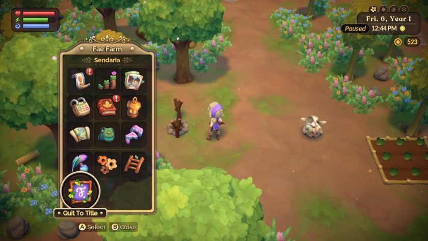  the character stannding in the field at the homestead with the menu open