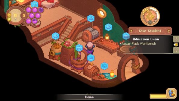 Inside a cozy, wooden interior in Bandle Tale: A League of Legends, a Yordle character stands amidst interactive elements marked with blue icons, indicating in-game tasks like 'Admission Exam' and 'Repair Flask Workbench.' The room is warmly lit and furnished with shelves filled with books and potions, reflecting the game's magical and academic setting. This snapshot from the 'Home' base suggests a point of respite and preparation for the Yordle's adventures. Published on: LadiesGamers
