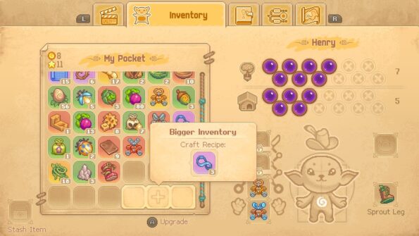 Inventory screen, where you can upgrade your inventory spaces