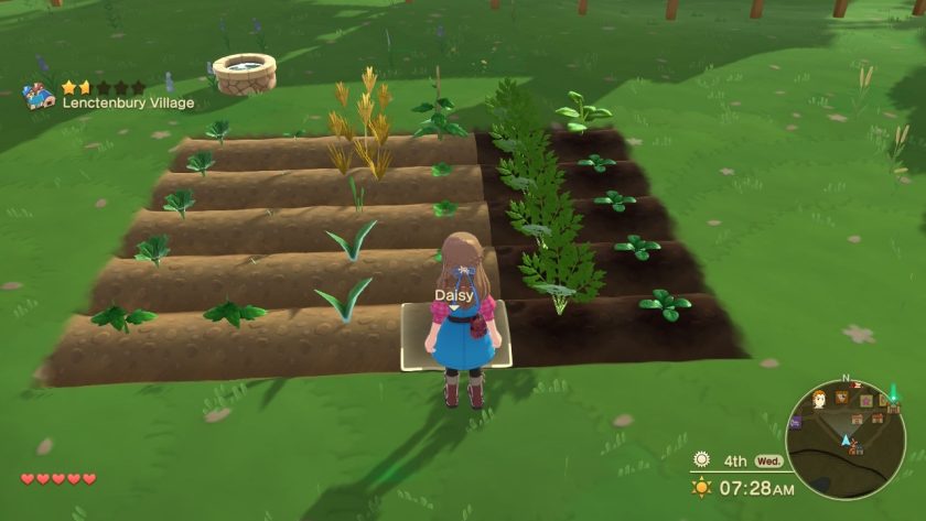 The game character at the field of tiles where she can sow the crops