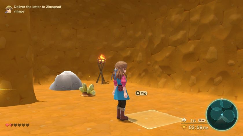 The games' prtagonist in the mine. Pressing B shows circles in the down right corner of the screen. You need to dig here.