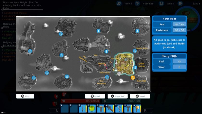 A map of the islands, where you see several islands dotted in the sea. YvoCaro's home island is highlighted. It also shows how much fuel and resistance is needed to go to each island