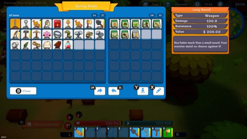 The screen show the inventory in my bag, en the contents of the chest. With X you can change the name of the chest. 