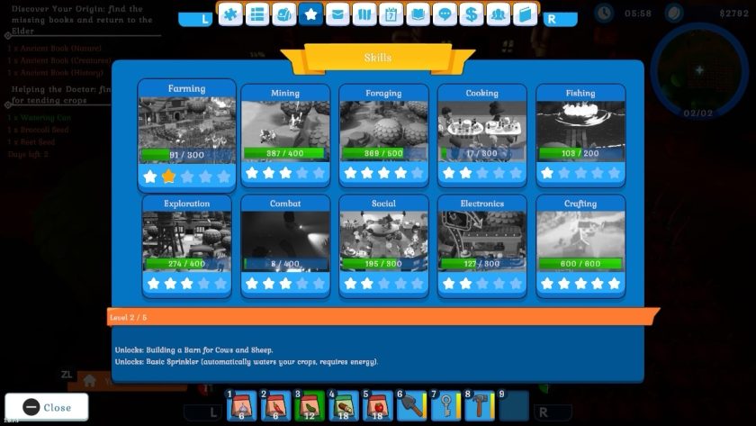 The Skills screen, showing how many stars I have for farming, mining, foraging and more. Underneath is a tip how to proceed to the next level, in this picture for the farming level. 