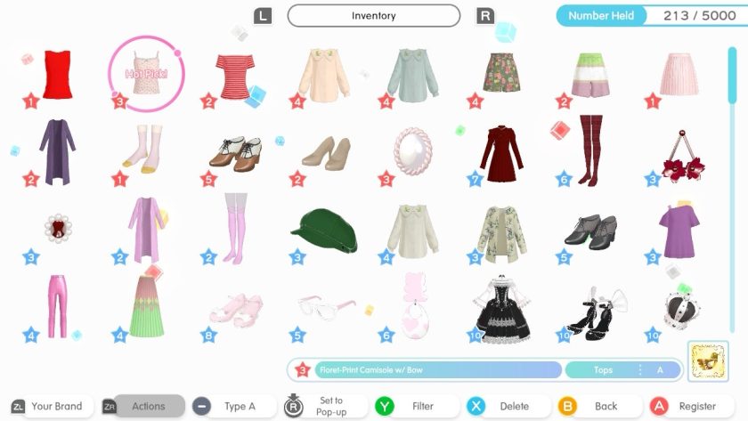 My inventory of items. The count is on the left hand side on top, I had 213 items of the 5000 that I can store