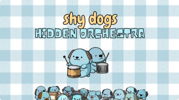 Title of Shy Dogs Hidden Orchestra on a blue and white gingham weave, with lots of blue dog musicians underneath.