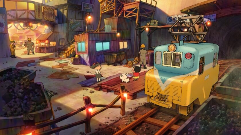 Inside a dimly lit mining area, Shinnosuke, Shiro, and a friend stand next to a small yellow train. Workers in hard hats look on as the children explore the industrial yet playful atmosphere filled with wooden structures and mining equipment. Published on: LadiesGamers.