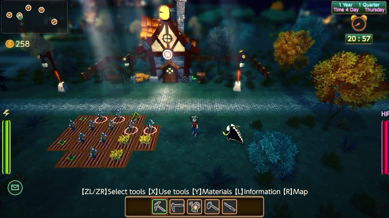 A nighttime scene in Wind Story. The character stands near their home and farming field