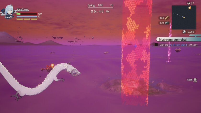 A mystical scene of Rune Factory: Guardians of Azuma where the player rides a long, white dragon through a vibrant, purple-tinted sky. Floating islands and a giant patterned red beam dominate the landscape, as the quest “Mushroom Appraisal” prompts the player to visit a floating mushroom island. Published on: LadiesGamers