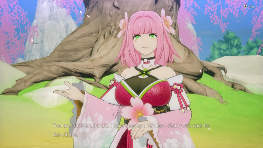 In Rune Factory: Guardians of Azuma, A character with pink hair and green eyes, wearing an elaborate kimono adorned with floral patterns and accessories, stands in front of a large tree with cherry blossoms. She says, “You are forgiven, Sakaki. I have seen and felt how dearly you care for this village.” Published on: LadiesGamers