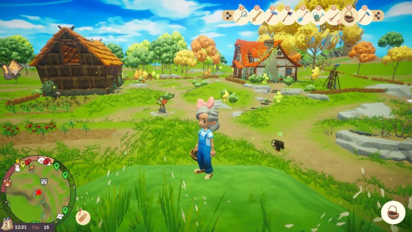 Yvocaro looks out over the farm and shed, while the dog watches her in the background