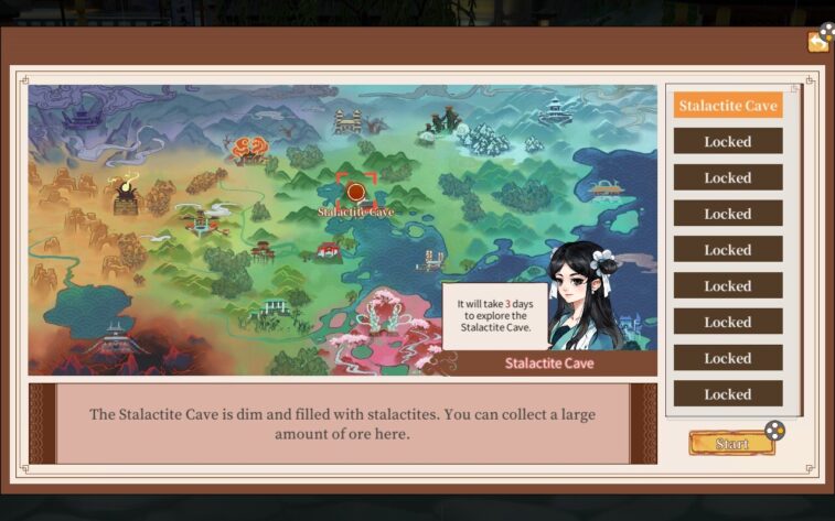 The screen showing an example of asking another character to go out exploring and gathering for you