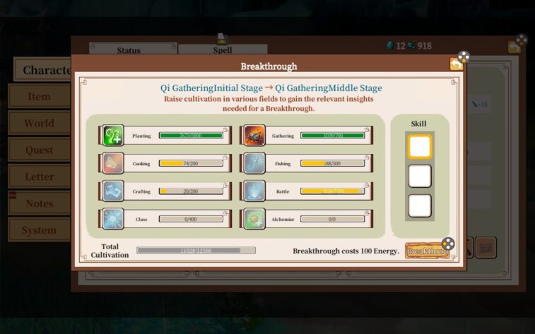 The screen in the menu showing how the various abilities score and how far we are in the Qi Gathering stage
