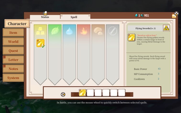 A screenshot from 'Immortal Life' displaying the game's Spells menu. The interface shows a selection of magical spells represented by icons: a leaf, a water droplet, a flame, a stone, and a sword, with one highlighted indicating an active selection. To the right, detailed information for the spell 'Flying Swords(Lv.1)' is provided, describing it as 'Sword as cold as frost' and showing it generates five flying golden swords causing Metal Damage to the target. The spell's stats list a Basic Power of 43, MP (Mana Points) Consumption of 3, and a Cooldown period of 2 seconds. Below the menu, a tip suggests that players can quickly switch between spells using the mouse wheel during battle. 