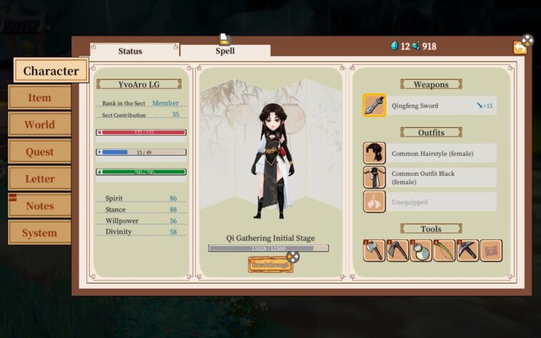 The character screen in the menu of Immortal Life, detailing stats, weapons, outfit and tools