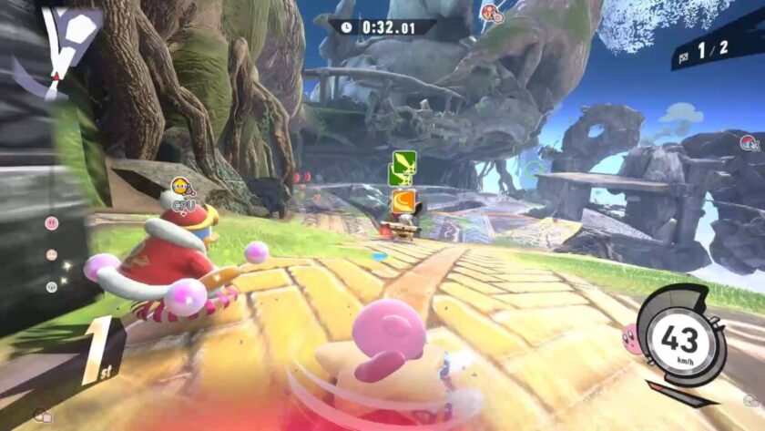 My chosen rider Kirby battling to keep the lead against a CPU King Dedede, with some copy ability enemies just ahead. Published on LadiesGamers