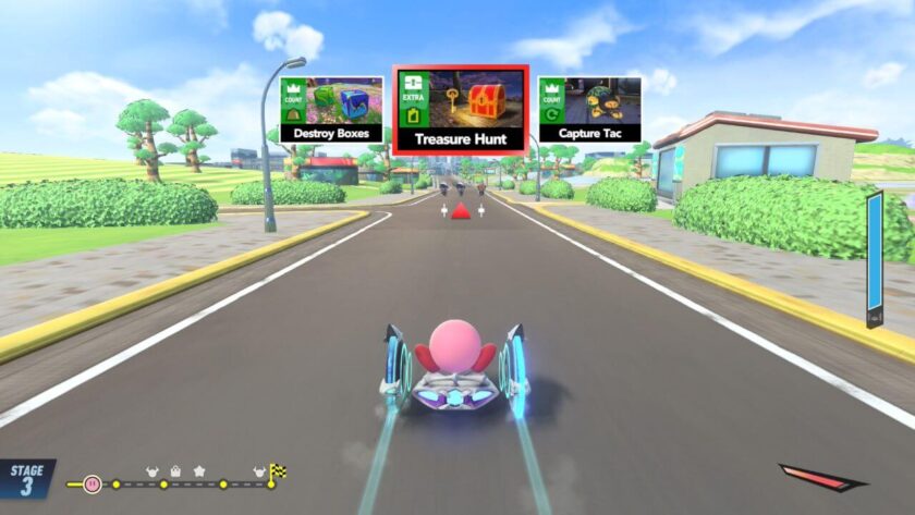 Kirby riding on a chariot machine, with the choice of destroy boxes, treasure hunt or capture tac on the road ahead. Published on LadiesGamers