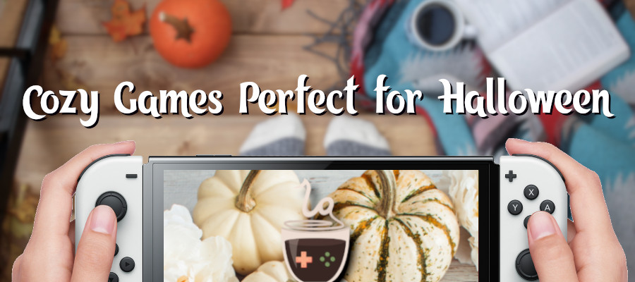 A cozy scene with a person holding a switch over a fall-decorated porch. On the switch is the Ladies Gamers logo