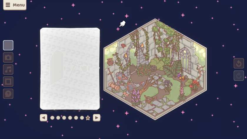 A decorated corner in Little Corners of a ruins filled with plants.