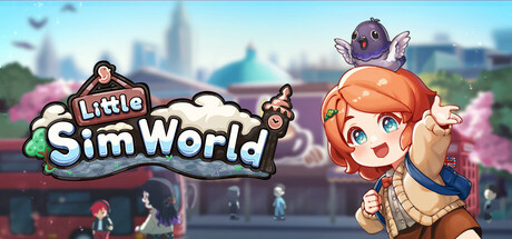 A colorful promotional image for the game Little Sim World, featuring a cheerful red-haired character with bright blue eyes pointing excitedly into the distance. A small purple bird with expressive eyes sits happily on their head. The background shows a lively city street with red buses, pedestrians, and trees, suggesting an urban life simulation setting. The game's title is displayed prominently in a whimsical, cloud-themed font with playful icons. Published on: LadiesGamers.