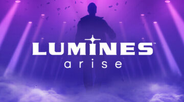 Lumines Arise a figure stands tall in a purple background