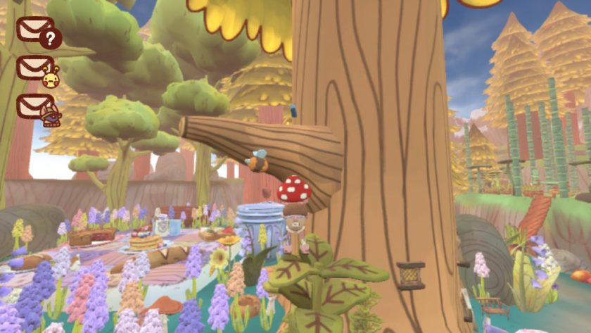  Character in Mail Time standing on a plant, looking towards a tree branch with the discarded battery on it.