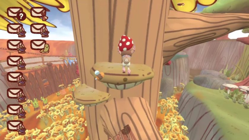 Character in Mail Time jumping their way to a branch, which has the bottle cap on it. Below is the flower field.