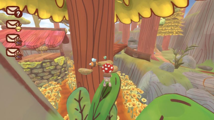 Character in Mail Time about to glide from the plant on the ledge below the bamboo area, across to mushrooms growing on the tree.