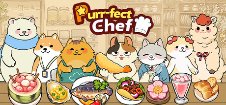 Puff-fect Chef's logo with 5 cats, a ploar bear and a lamma all in cartoon stily with dishes of food in front of them