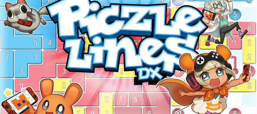 Promotional graphic for Piczle Lines DX featuring a vibrant and colorful collage of animated characters and game elements. Central to the image is the game's title in bold, 3D lettering, with various characters including a grey cat holding a game controller, a white-bearded scientist holding a puzzle piece, and a cheerful girl wearing a headset and a backpack resembling a game controller, all superimposed on a background of puzzle pieces with numbers. The playful and bright design conveys the fun, puzzle-solving nature of the game. Published on: LadiesGamers.
