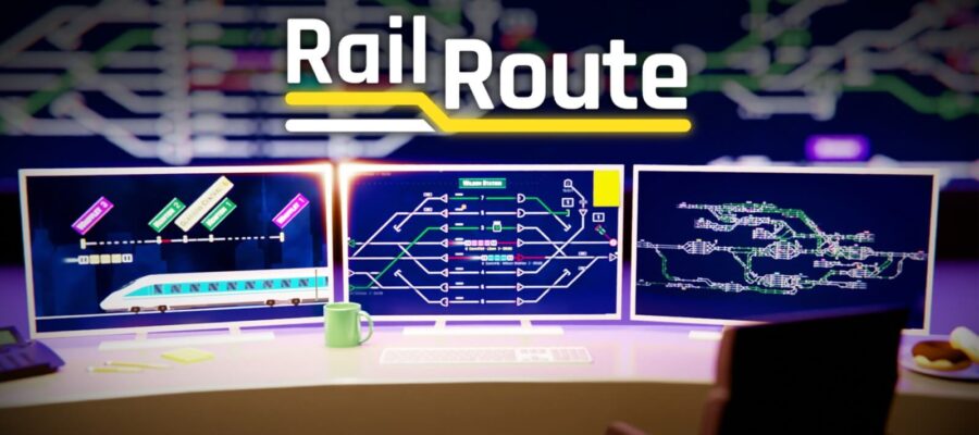 Promotional artwork for Rail Route showing bank of computer screens used by a conductor. Published on LadiesGamers