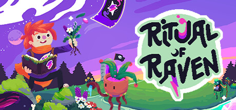 Cover art for the game Ritual of Raven. The image features a red-haired character holding a book with a glowing symbol while performing a ritual. A magical plant in a pot is nearby, surrounded by vibrant colors and floating objects. The game's title is prominently displayed on the right in bold, stylized letters. The background shows a mystical landscape with trees and mountains under a purple sky. Published on: LadiesGamers.