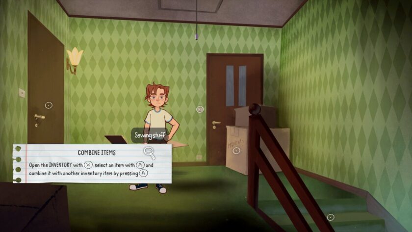 Simon standing inside his house, with a note on a piece of paper giving instructions on how to combine items. Published on LadiesGamers
