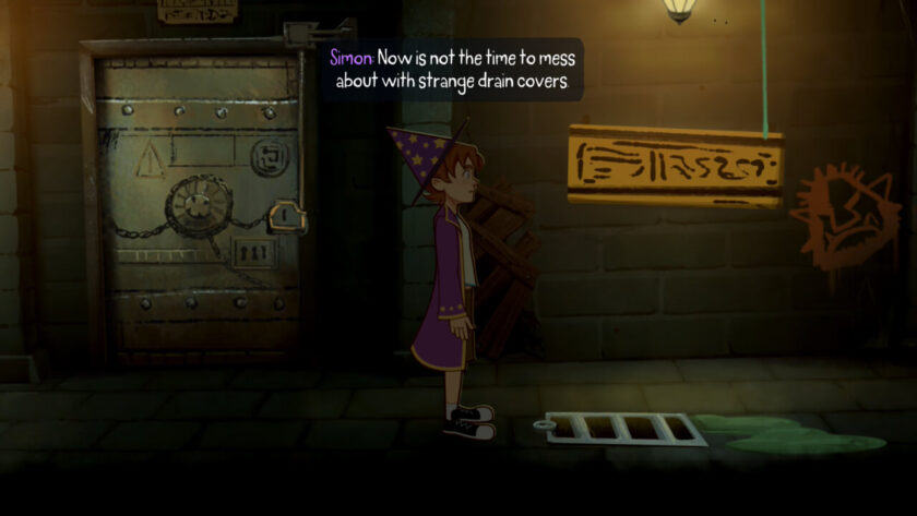 Simon standing by a drain cover, saying now is not the time to mess about with strange drain covers. Published on LadiesGamers