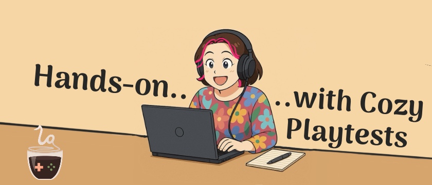 Anime-style illustration of a middle-aged woman with short pink and brown hair, wearing large black headphones and a colourful floral-patterned shirt. She is smiling while seated at a desk, engaged with a laptop. A notepad and pen lie beside her. The background is a solid beige colour with the text “Hands-on... ..with Cozy Playtests” written playfully across the top. A steaming coffee cup with a game controller icon appears in the bottom left corner, evoking a relaxed and cosy gaming atmosphere. Cozy Playtests. Published on: LadiesGamers.