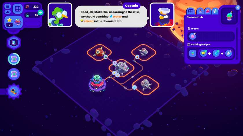 A grid has shows which planet has which raw materials that can be mined in Star Birds.