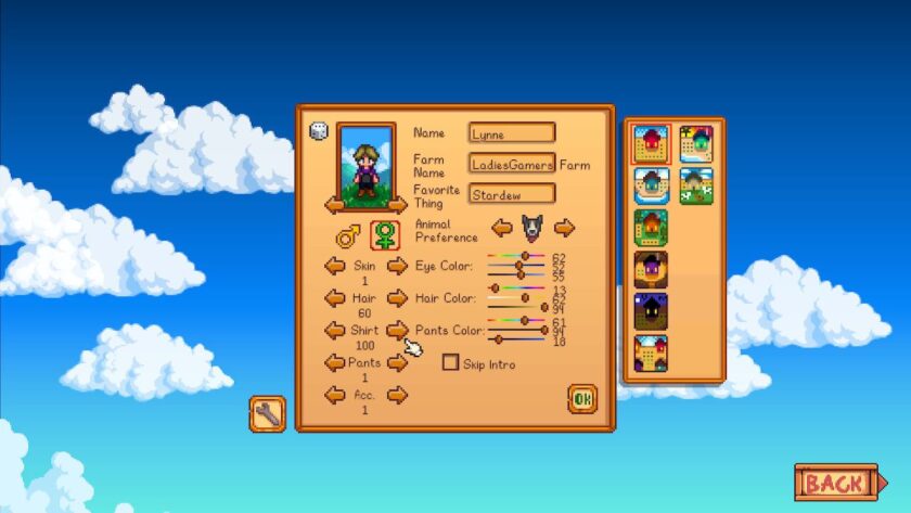 Customisation menu. There is a text field for name, farm name and favourite thing. A small pixelated character in the top left, with choices for skin, hair styles, shirts, pants below. Various slide bars for colour of eyes, hair and pants. 8 small pixelated farm pictures. Published on: LadiesGamers