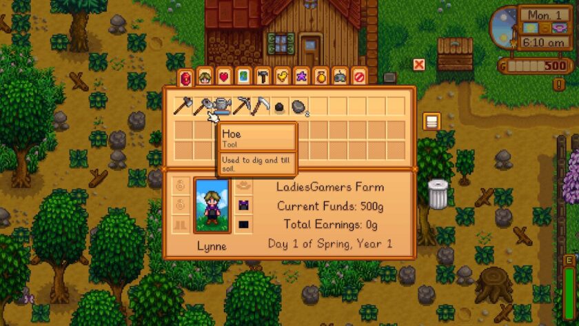 Inventory menu, showing an axe, hoe, watering can, pickaxe and scythe, along with a piece of coal and two pieces of stone. Published on: LadiesGamers