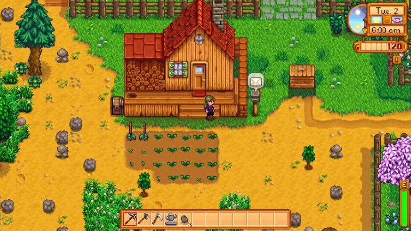 My character outside their house, in front of a planted patch of land. Published on: LadiesGamers
