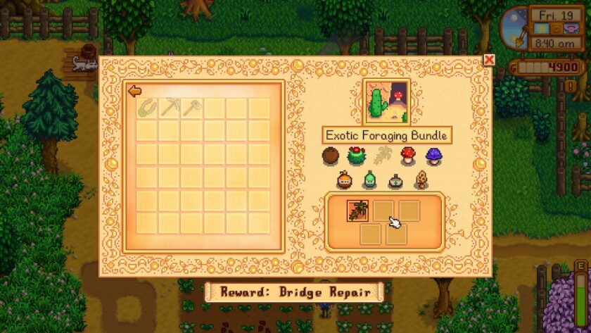 The exotic foraging bundle, requiring 5 items to complete it. This could be anything from a coconut, cactus, cave carrot, various mushrooms and tree saps. Published on: LadiesGamers