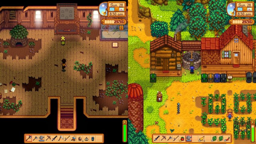 Vertical split screen with player one in the community centre and player 2 filling their watering can at the farm well. Published on: LadiesGamers