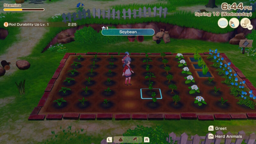 A screenshot from Story of Seasons: Grand Bazaar shows the female protagonist standing in the middle of a neatly arranged crop field at 6:44 PM on Spring 19 (Wednesday). She’s surrounded by rows of healthy plants, including soybeans and white flowers, growing in rich brown soil bordered by red bricks. A notification reads “Rod Durability Up Lv. 1,” and the selected crop is labelled “Soybean.” The field is set within a grassy area enclosed by a white picket fence, with a watering can and scarecrow nearby. The scene reflects productive farm life in the early evening. Published on: LadiesGamers.