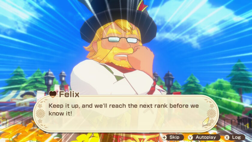 A screenshot from Story of Seasons: Grand Bazaar shows Felix, a cheerful older man with a golden beard, glasses, and a tall black top hat, striking a confident pose with one hand on his chin. He wears a white shirt with red and green embroidery and stands against a dramatic blue burst background with rays of light. The dialogue box reads, “Keep it up, and we’ll reach the next rank before we know it!” Below the text are options for Skip, Autoplay, and Log. The scene conveys encouragement and progress in the game’s bazaar ranking system. Published on: LadiesGamers.