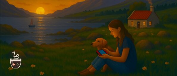 A serene summer evening in the Scottish Highlands. A side-profile woman sits outside a stone cottage near wildflowers, playing a Nintendo Switch while her dog lounges beside her. The sea stretches into the distance with a small boat visible on the water. The moon hangs low on the horizon, casting a warm glow over the tranquil coastal scene. Published on: LadiesGamers.