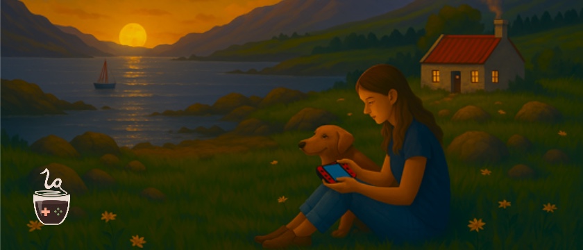 A serene summer evening in the Scottish Highlands. A side-profile woman sits outside a stone cottage near wildflowers, playing a Nintendo Switch while her dog lounges beside her. The sea stretches into the distance with a small boat visible on the water. The moon hangs low on the horizon, casting a warm glow over the tranquil coastal scene. Published on: LadiesGamers.