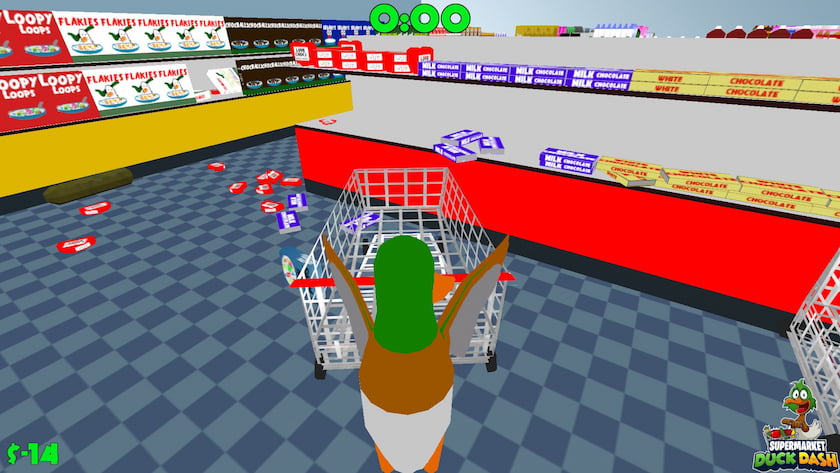 A duck pushes groceries into a pixelated shopping cart with its wing.