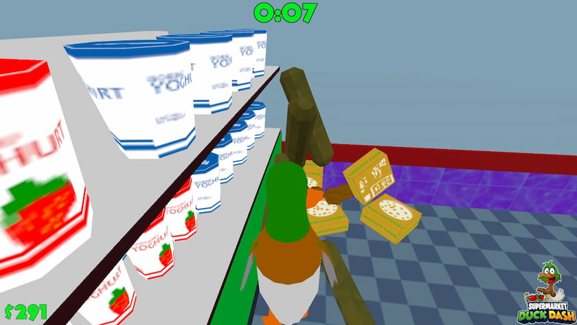 A duck pushes groceries into a pixelated shopping cart with its wing.