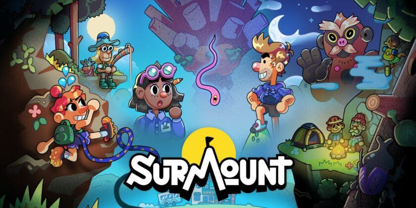 Title of Surmount, with the M in the shape of a mountain with a flag at the top, surrounded by various cartoon-like characters from the game. Published on LadiesGamers